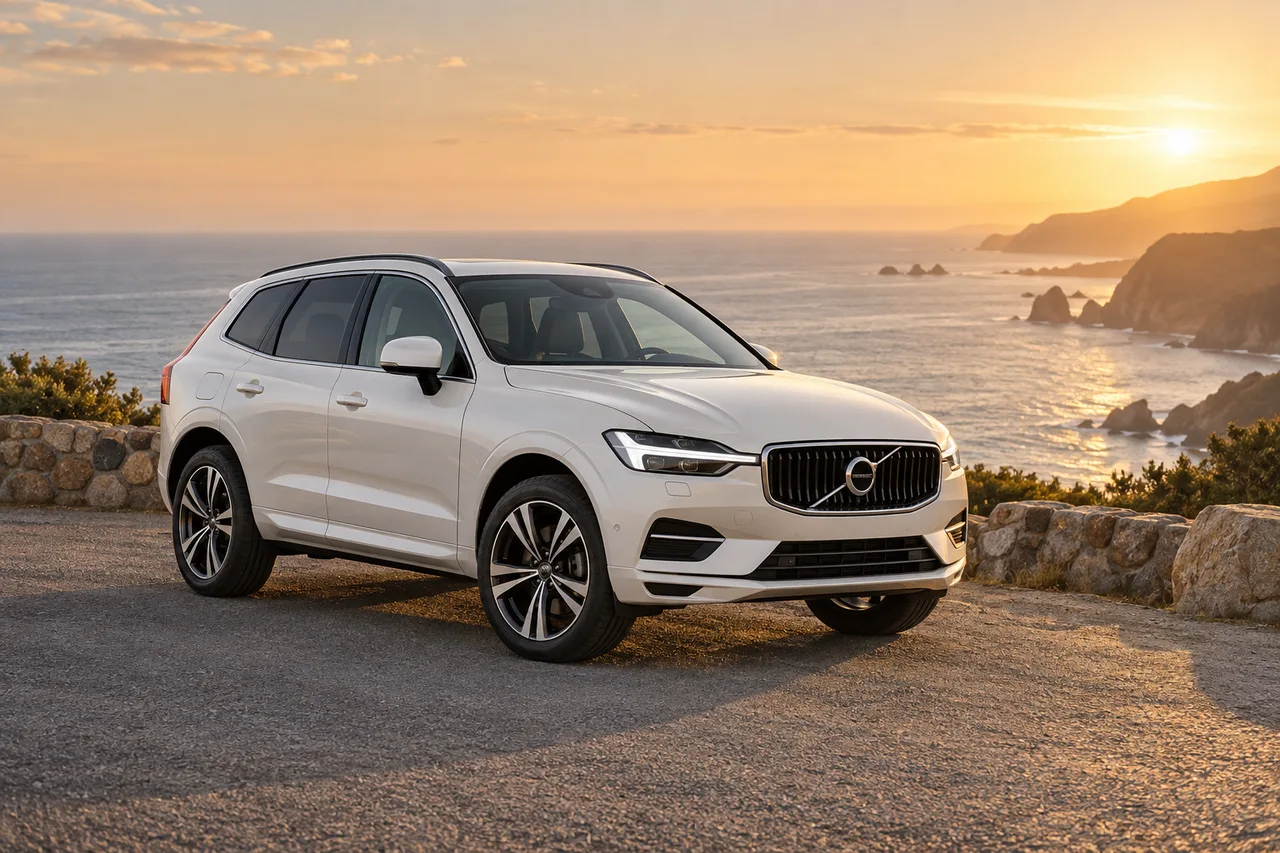 A white family SUV parked beside the coast