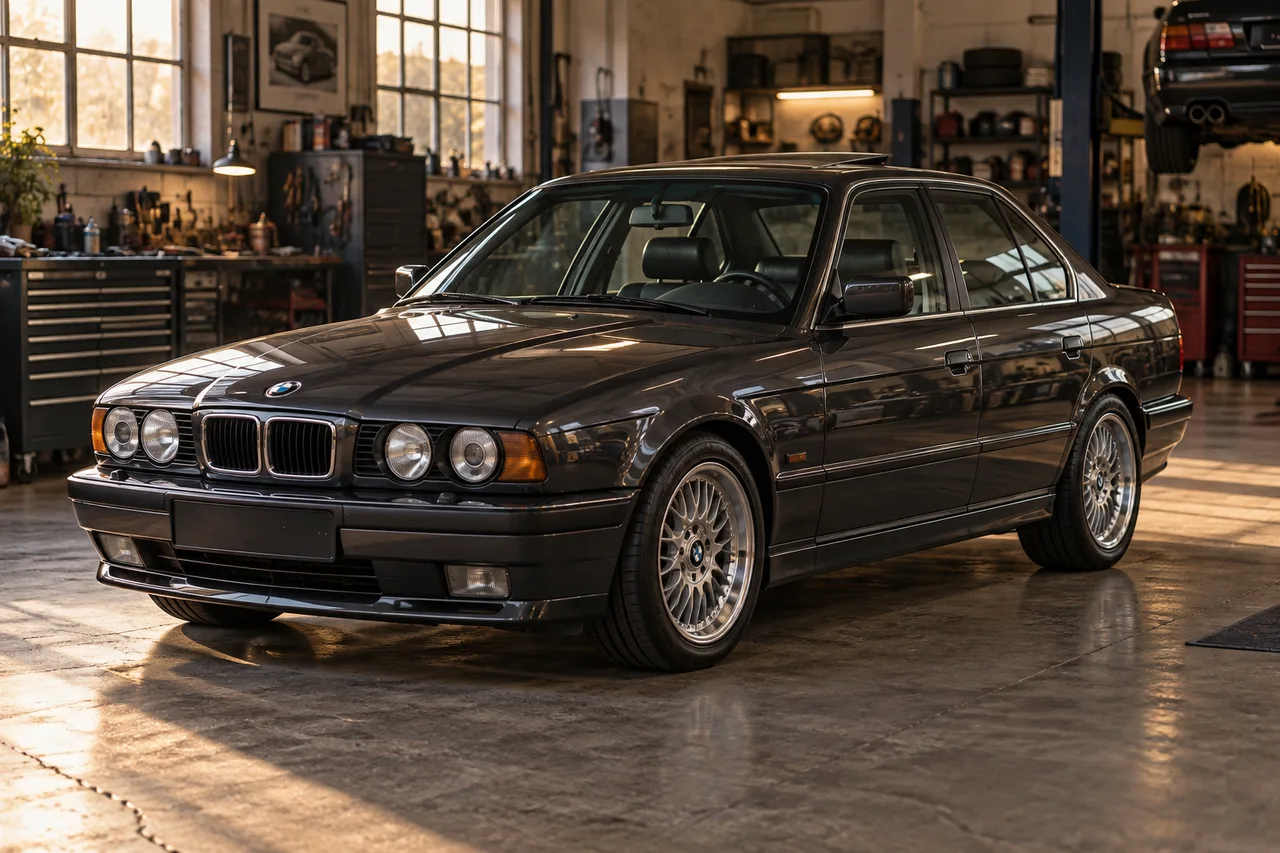 A charcoal classic sedan in an enthusiast's garage