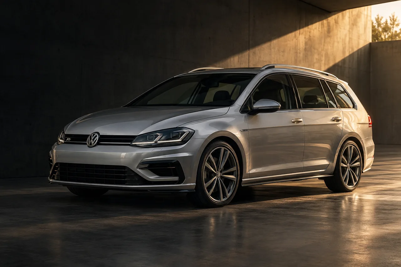 A silver Volkswagen estate in a sunlit architectural garage