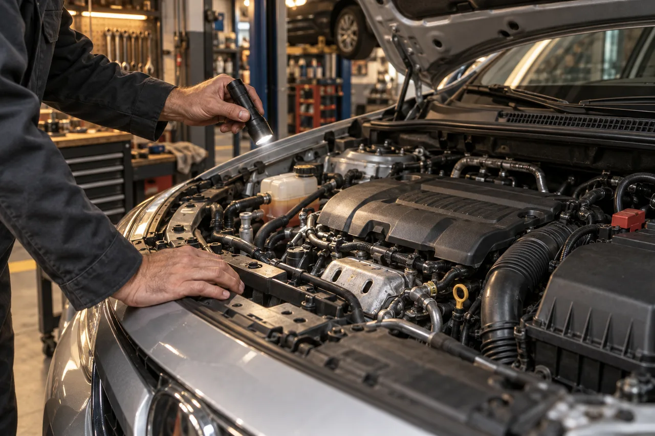 A mechanic inspecting a vehicle engine with a torch