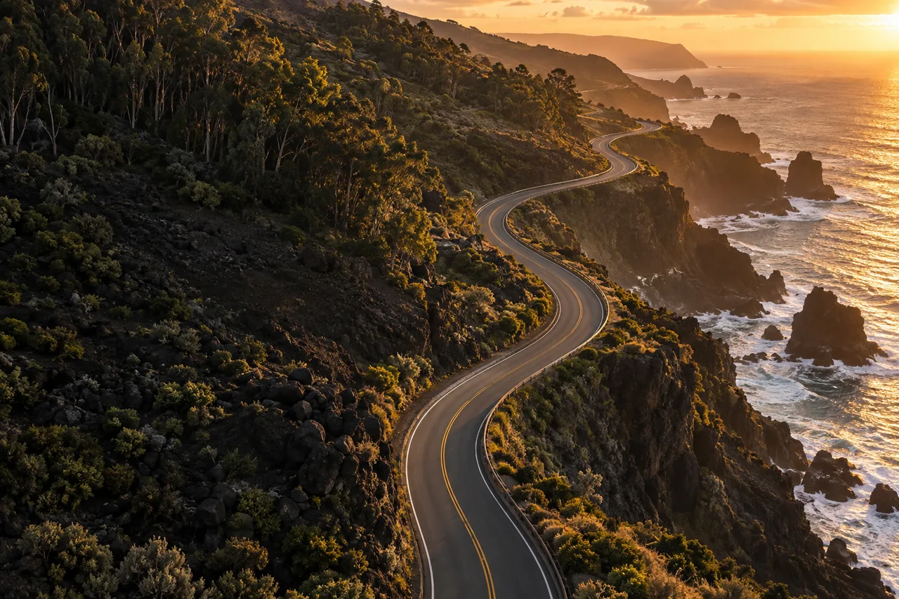 A winding road following a sunlit coastline